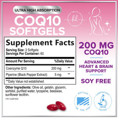CoQ10 200mg softgels product label with dosage information