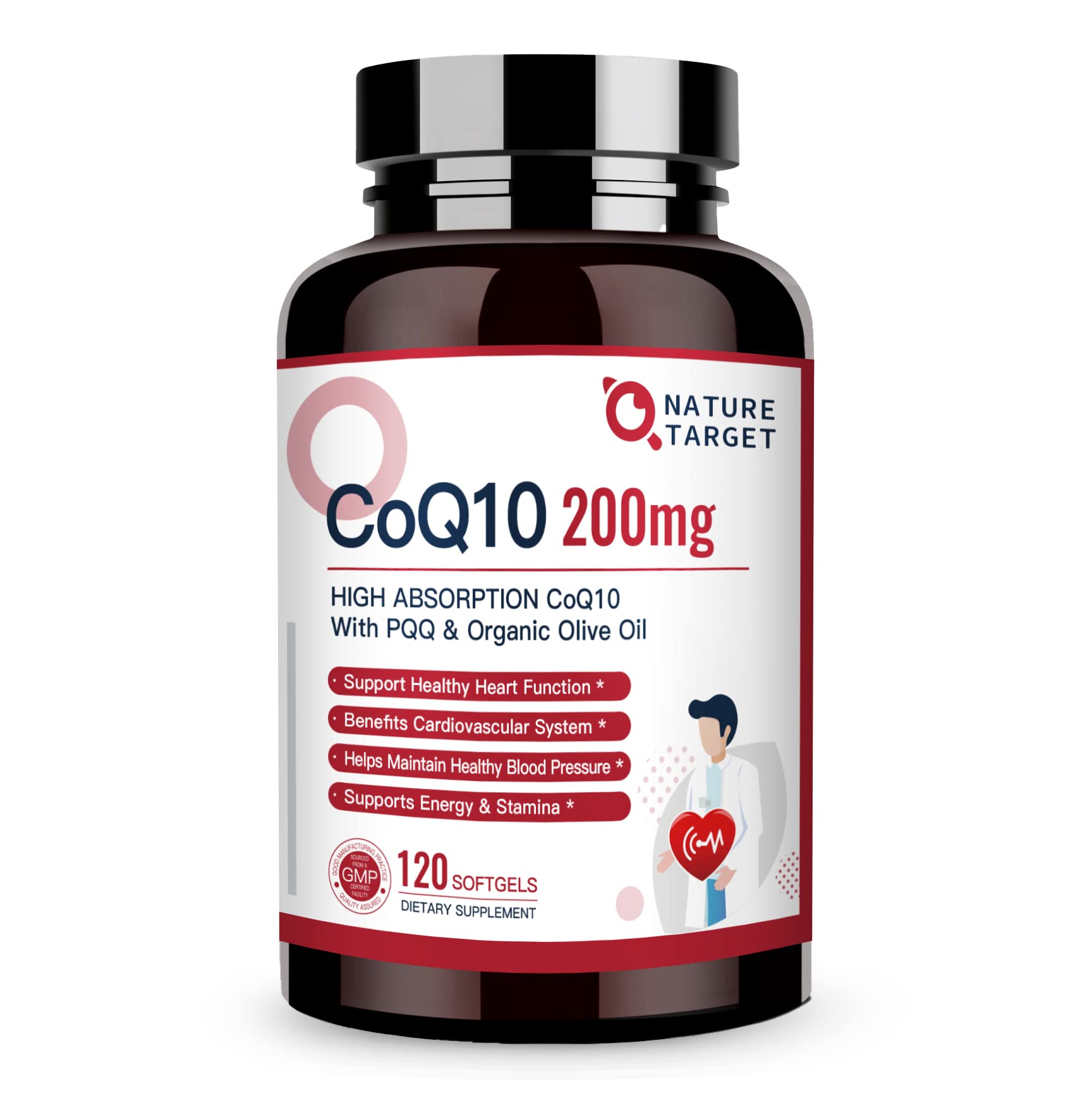 Nature Target CoQ10 200mg softgels bottle with PQQ and organic olive oil