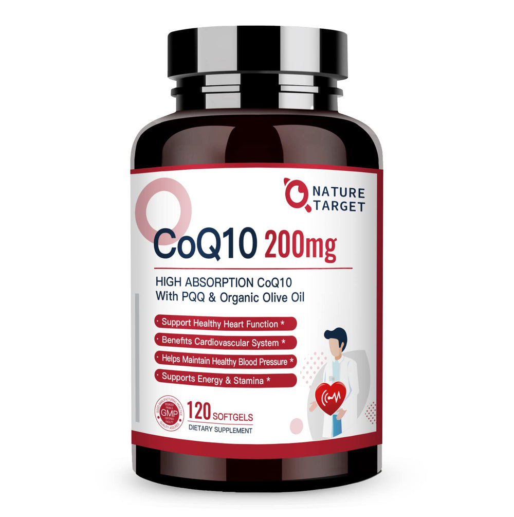 Nature Target CoQ10 200mg softgels bottle with PQQ and organic olive oil