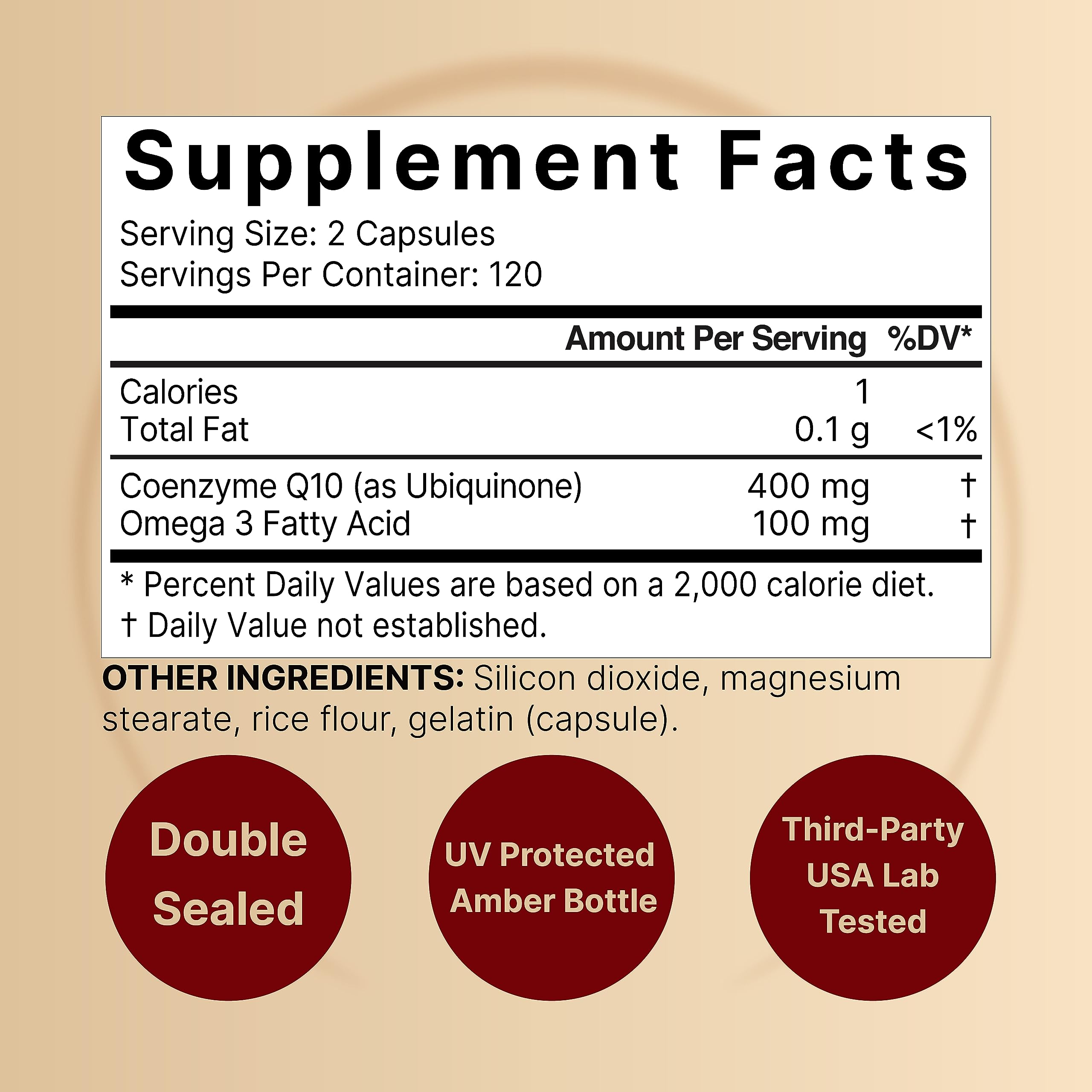 Product label for CoQ10 400mg with Omega-3 240 capsules