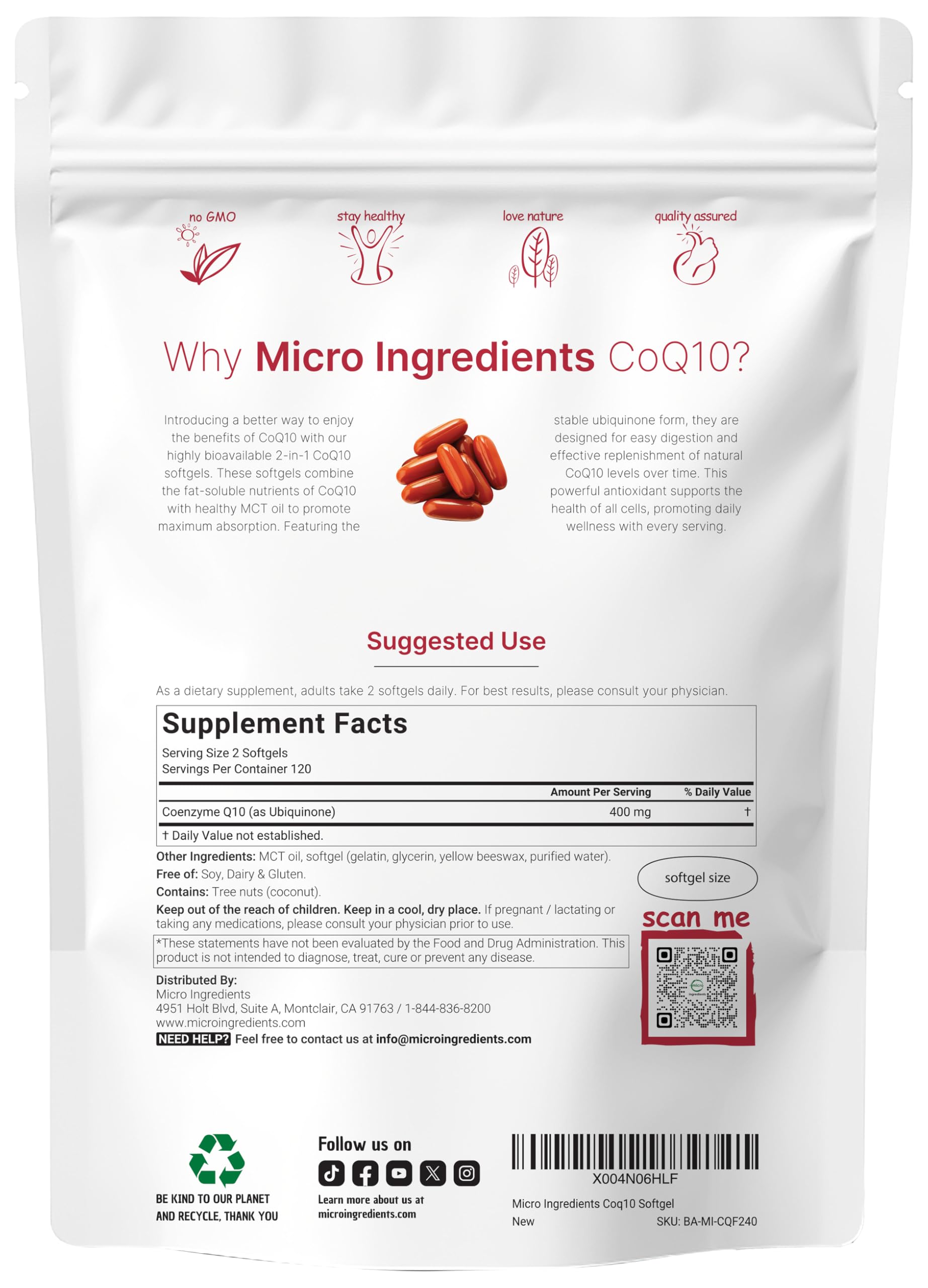 CoQ10 400mg ubiquinone softgels in coconut MCT oil formulation