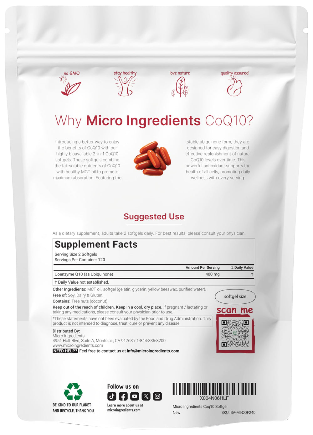 CoQ10 400mg ubiquinone softgels in coconut MCT oil formulation