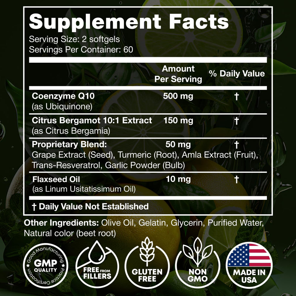 CoQ10 softgels with olive oil and vitaminized ingredients