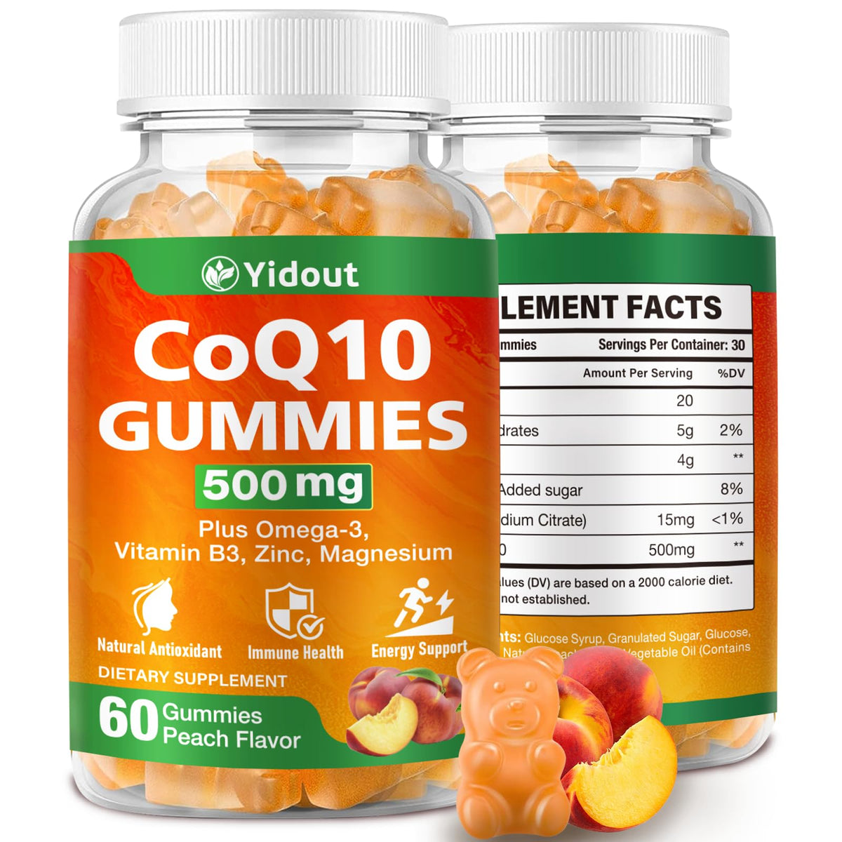 CoQ10 500mg gummies peach flavor bottle - 60 count