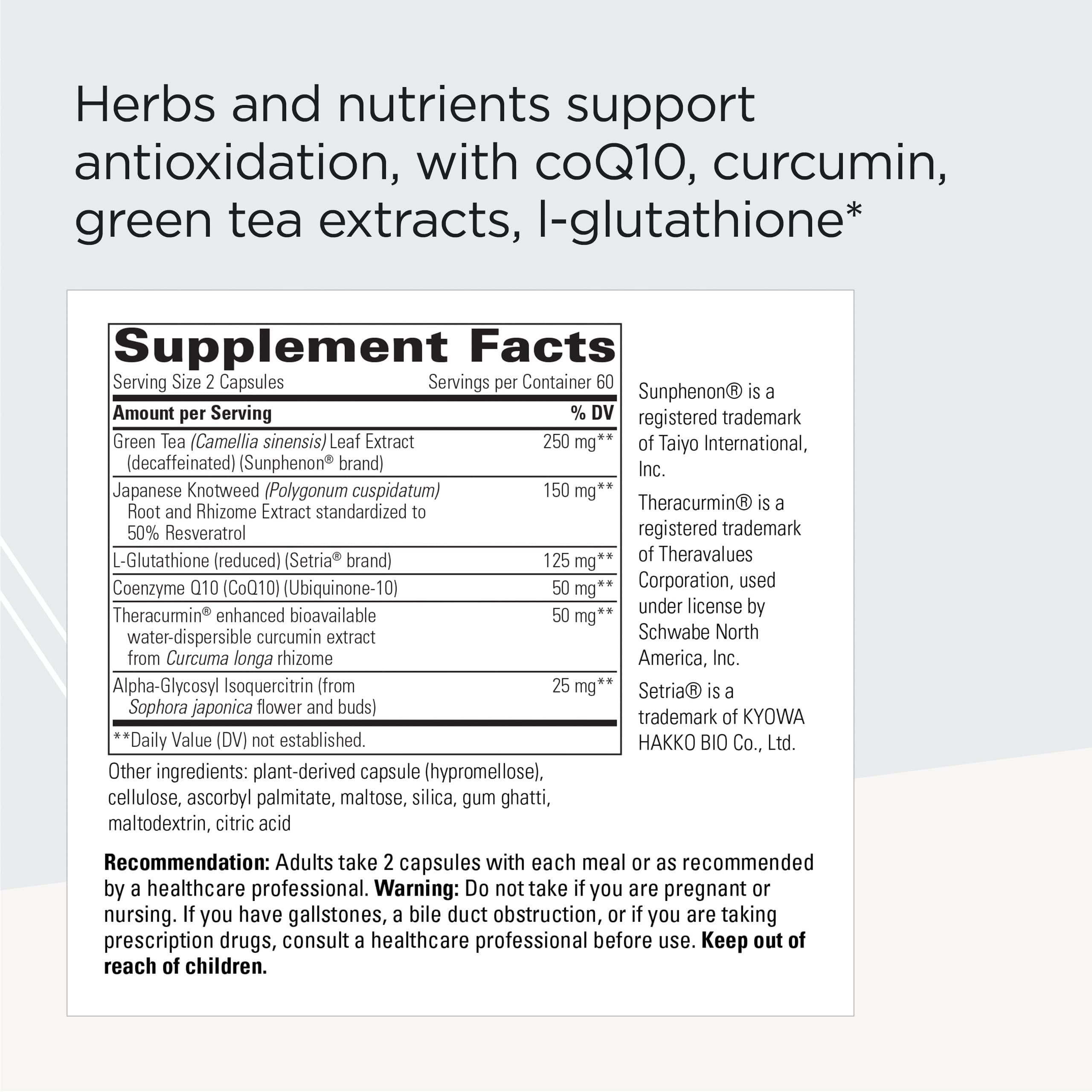 Graphic of CoQ10, Curcumin, Green Tea and L-Glutathione ingredients