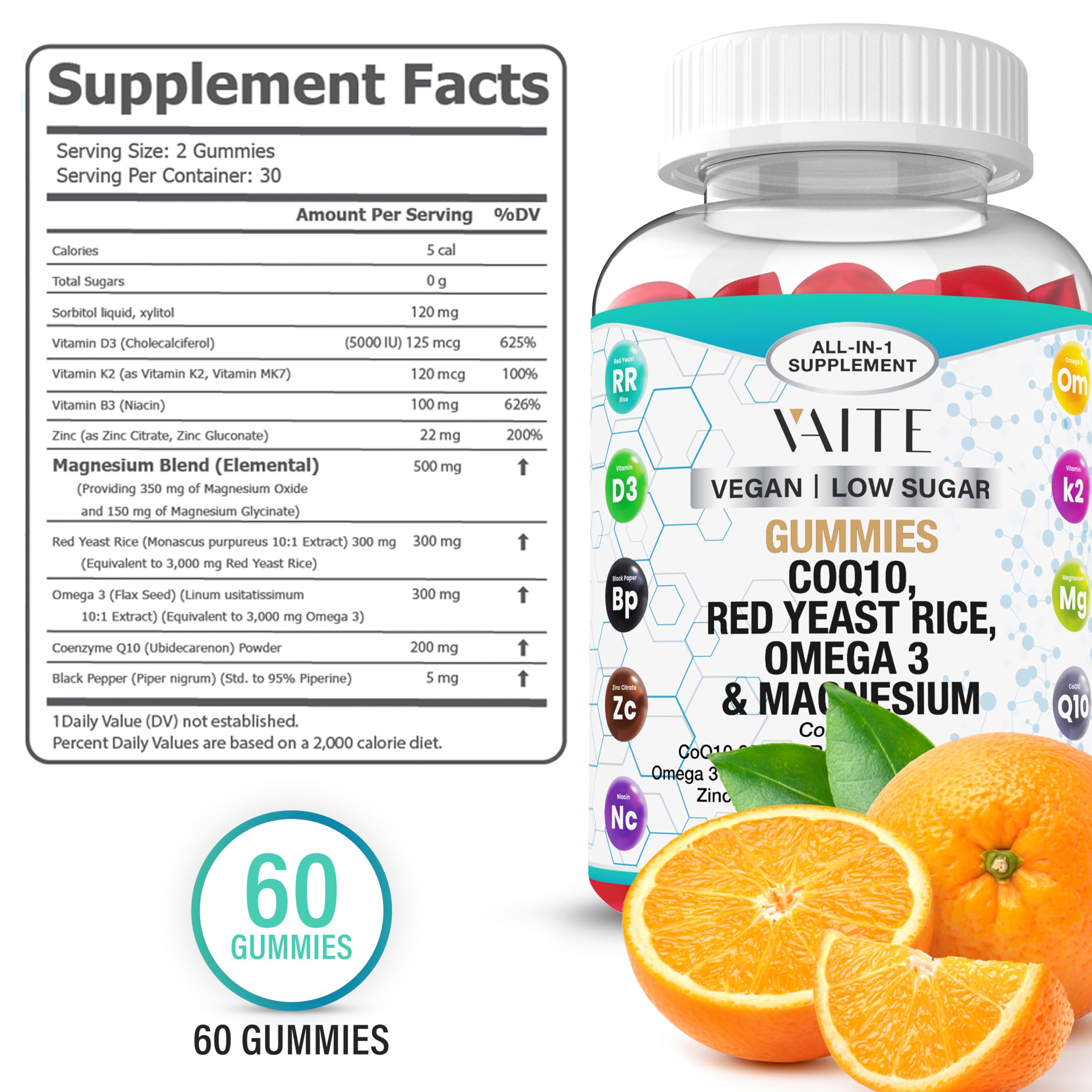 Ingredient visuals showing CoQ10, Red Yeast Rice, Vitamin K2 and D3