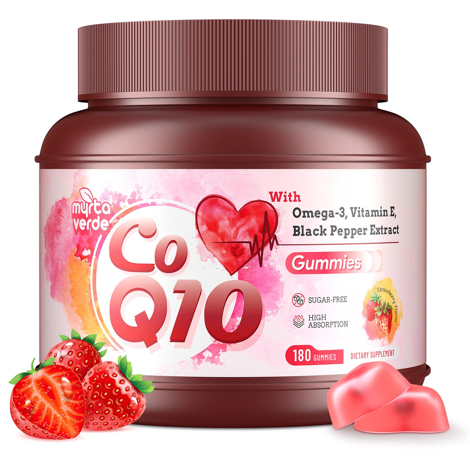 Front view of 180-count CoQ10 gummies bottle