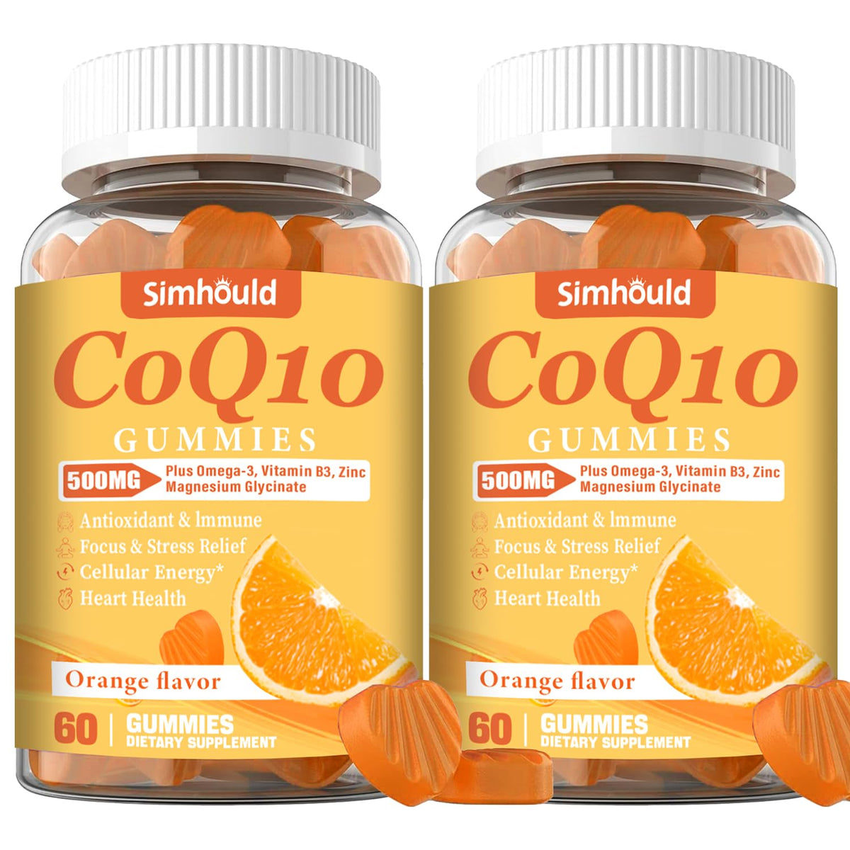 Two-pack bottle of CoQ10 500mg gummies with omega-3, magnesium, vitamin B3 and zinc.