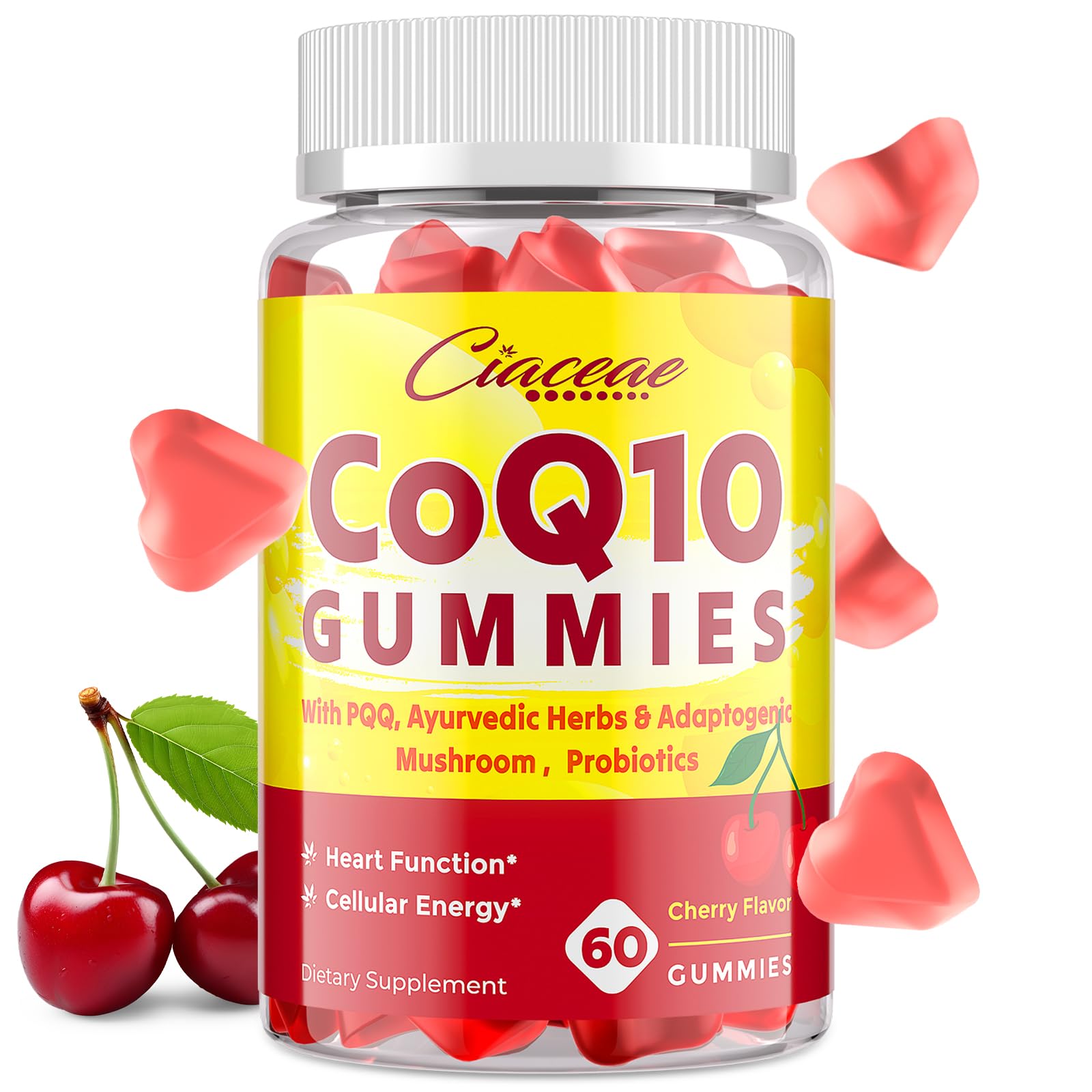 Bottle of CoQ10 Gummies with PQQ 400 mg and 60 cherry-flavored vegan gummies