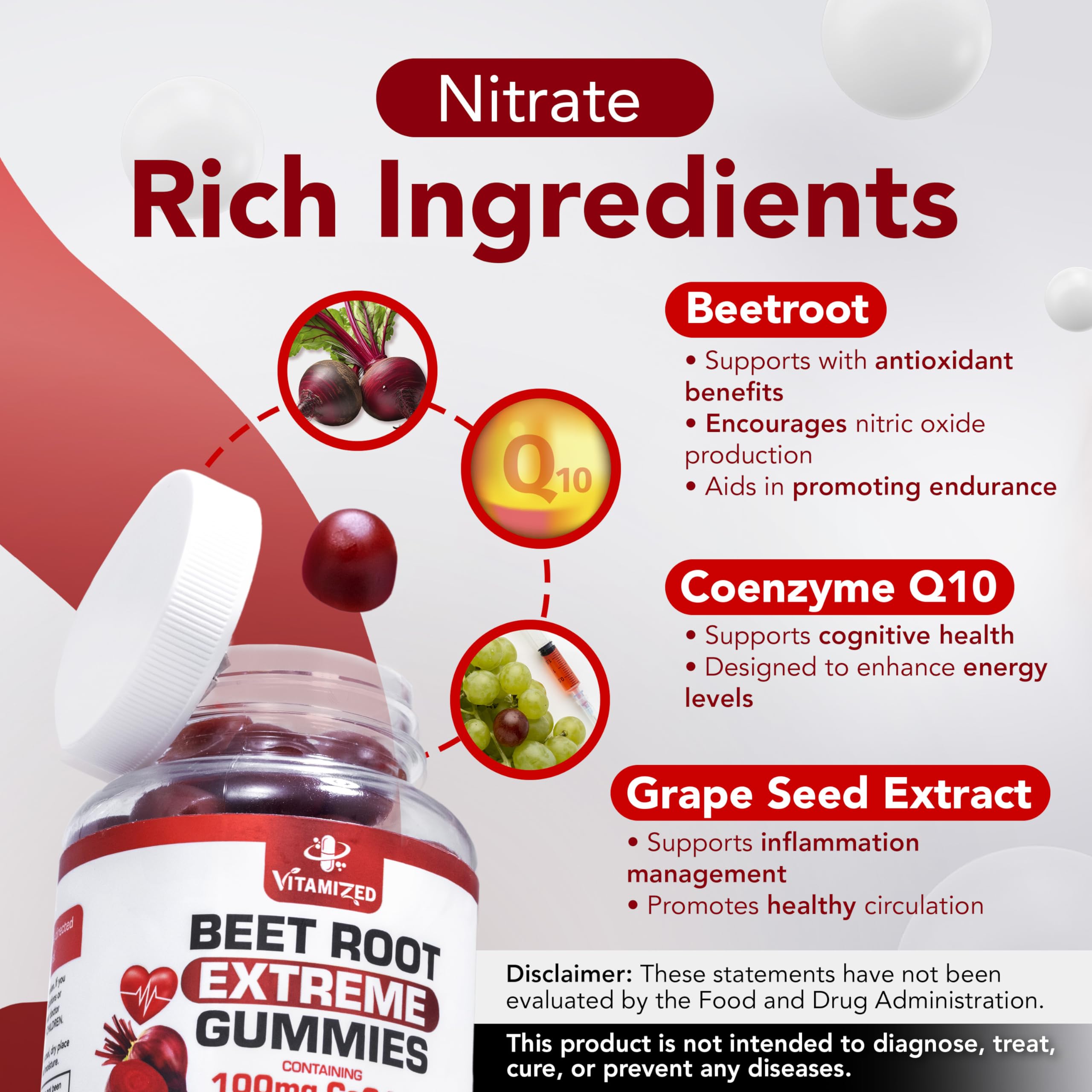 Close-up of COQ10 gummies with beetroot blend