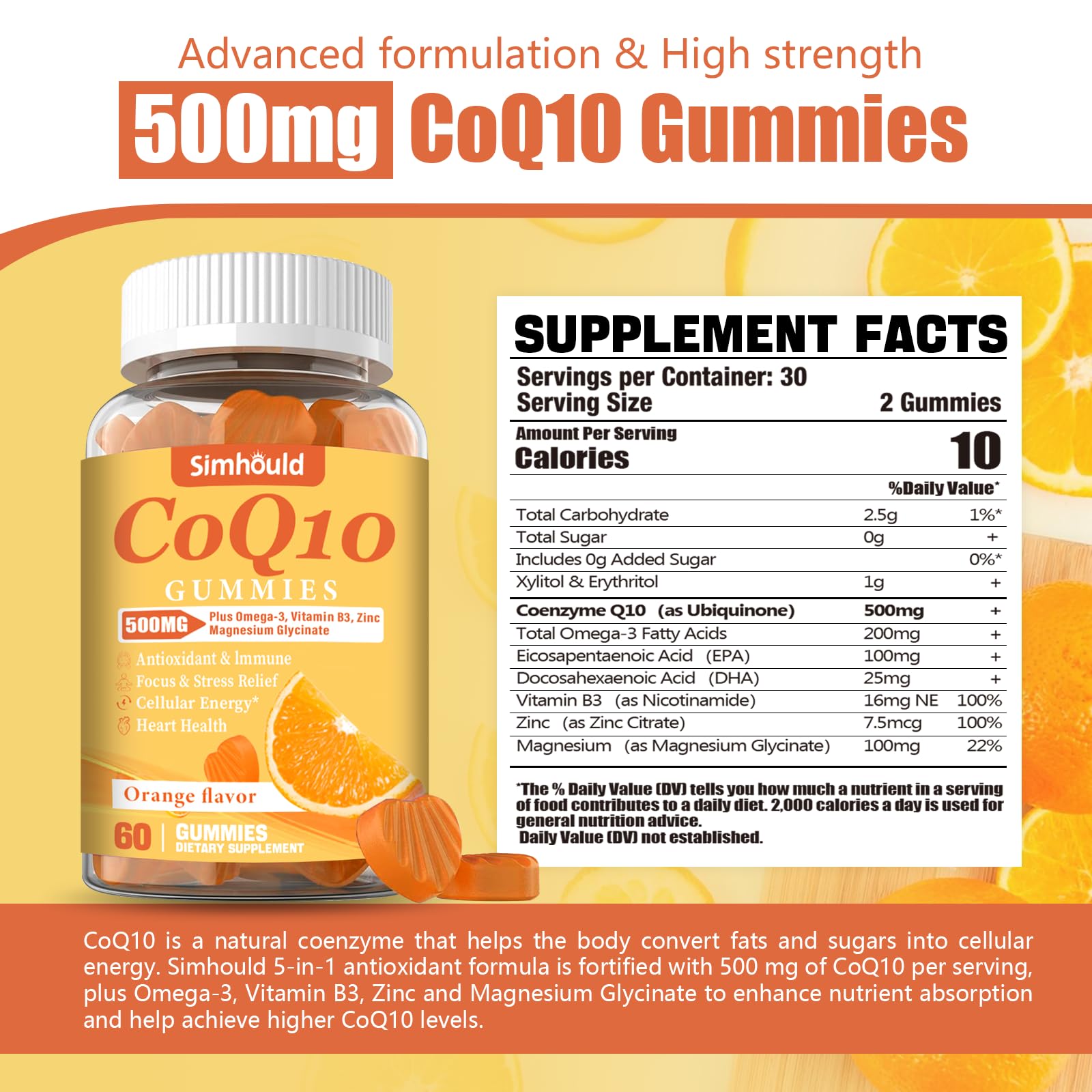 Close-up of CoQ10 gummy with omega-3 components.