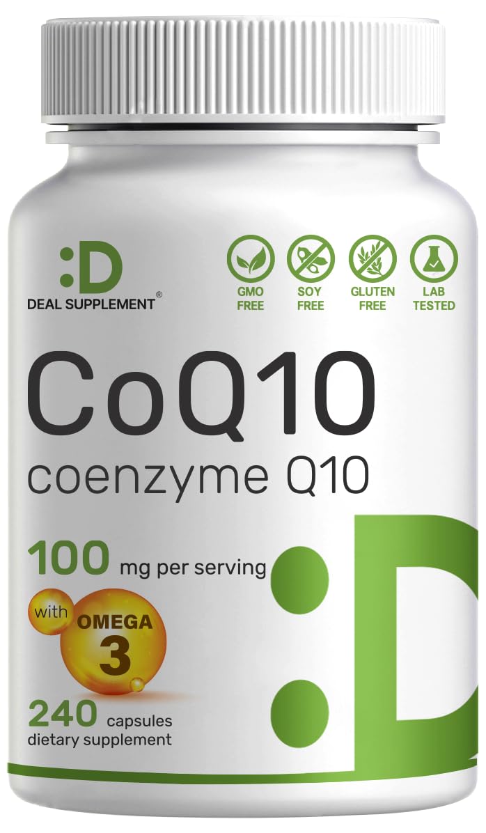 Bottle of CoQ10 100mg with Omega-3 100mg, 240 capsules