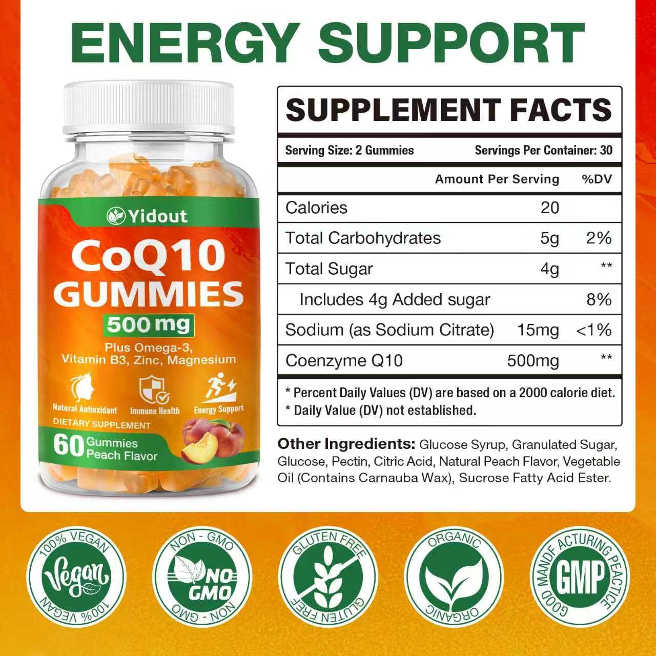 Close-up of CoQ10 gummies peach flavor