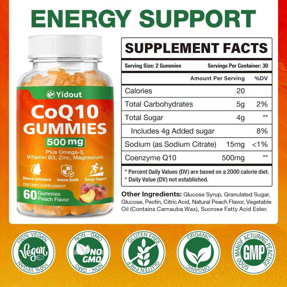 Close-up of CoQ10 gummies peach flavor