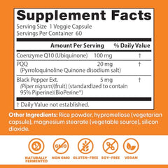 Ingredients label showing CoQ10 and PQQ