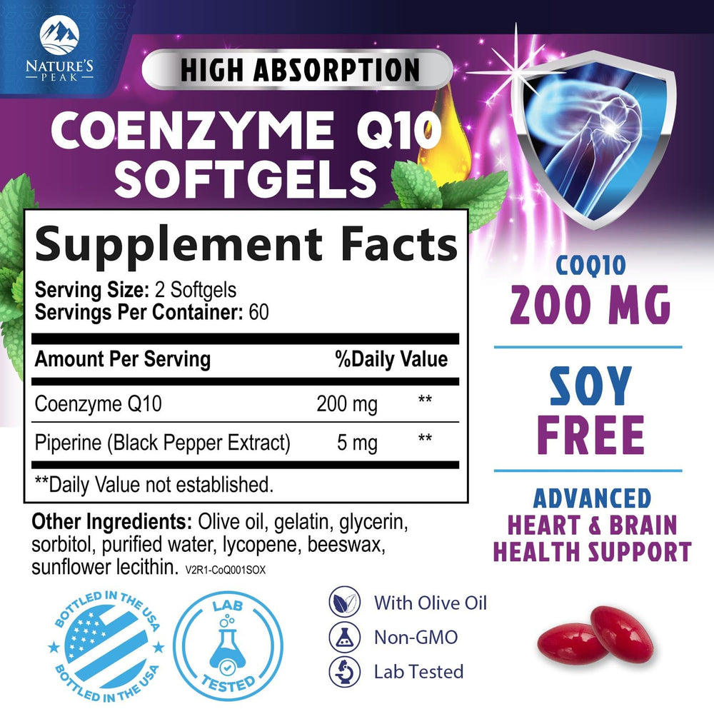 Back label showing supplement facts for CoQ10 softgels