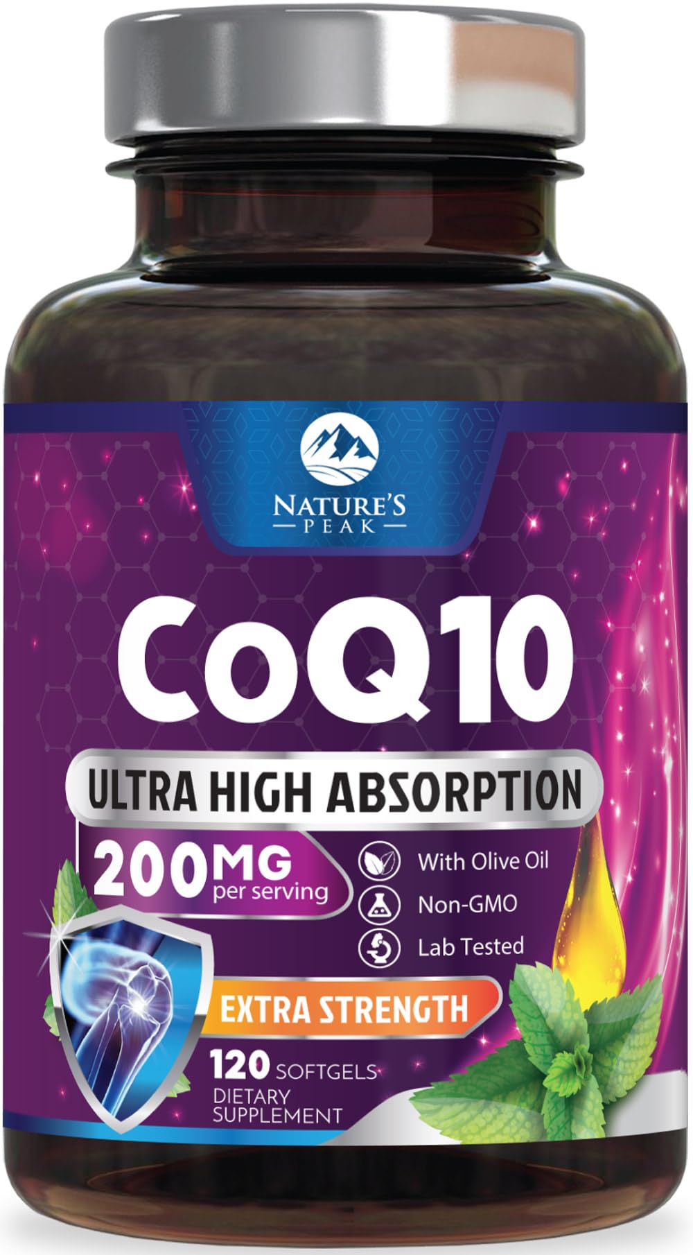 Front view of CoQ10 softgels bottle with 120-count