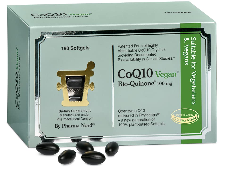 Close-up of CoQ10 Vegan Bio-Quinone 100 mg softgels bottle label