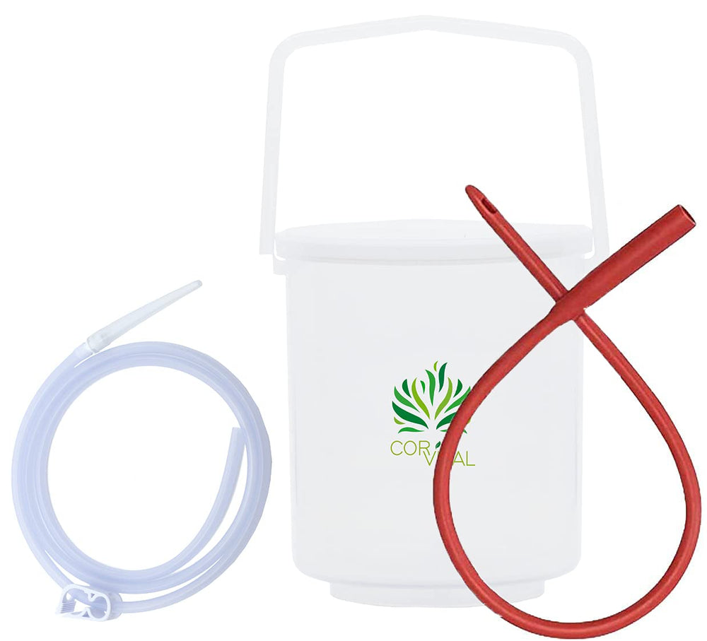 Cor-Vital coffee enema kit with clear see-through bucket for easy monitoring.
