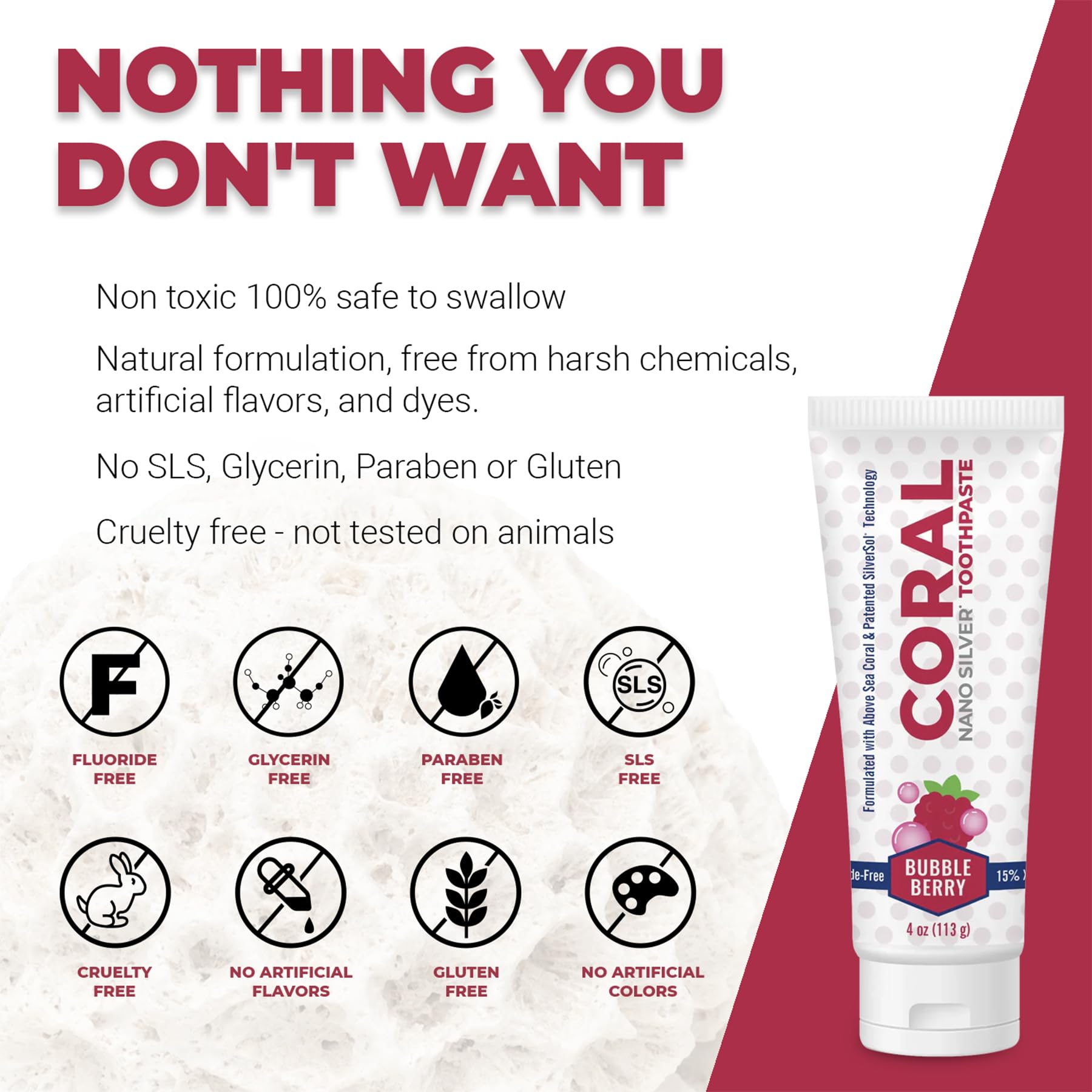Pack shot of Coral Nano Silver Bubble Berry Kids Toothpaste