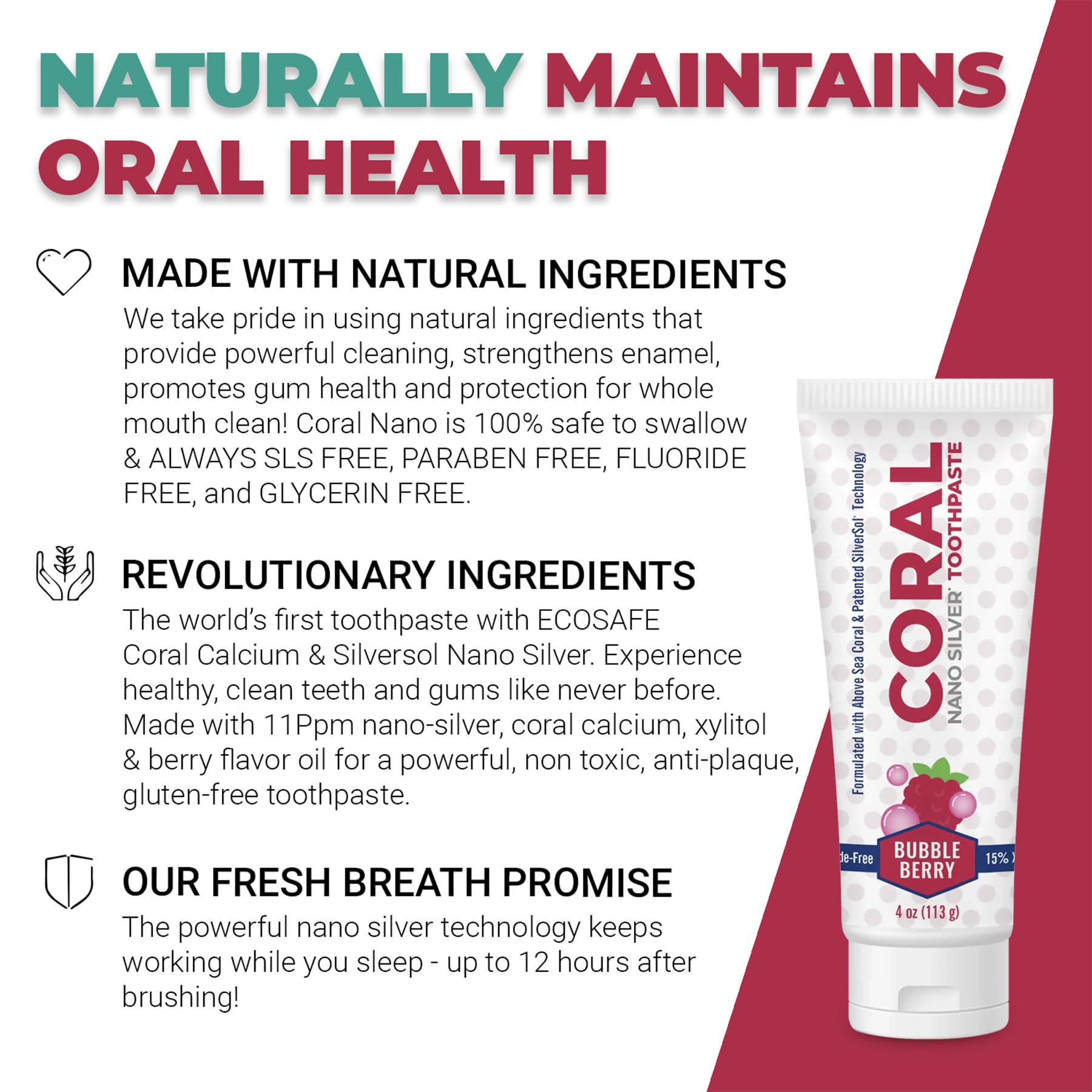 Label showing fluoride-free, dye-free, SLS-free and gluten-free claims
