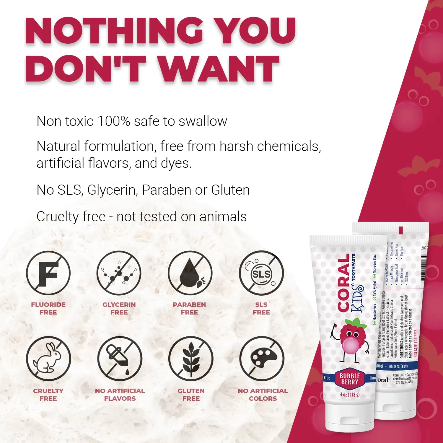 Label showing fluoride-free and natural ingredients on Coral White Kids toothpaste