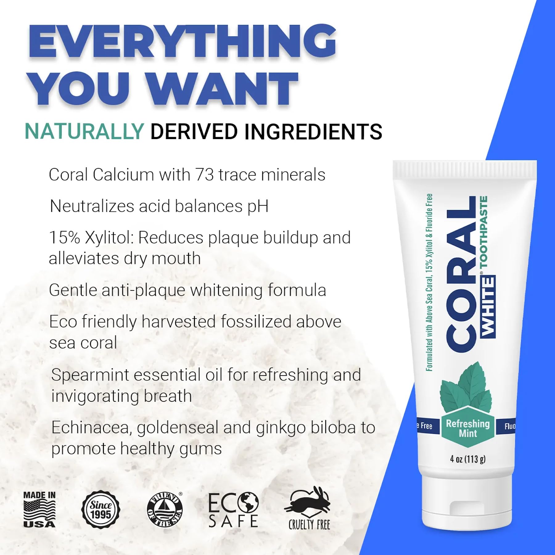 Close-up of Coral White Mint Toothpaste tube with coral calcium branding