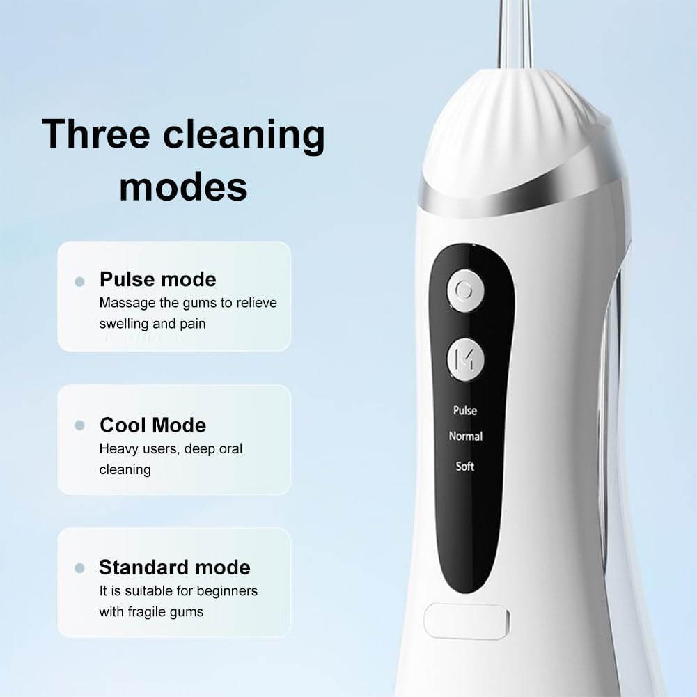Ergonomic white and blue cordless water flosser in hand