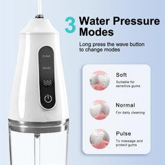 Cordless water flosser showing three operating modes