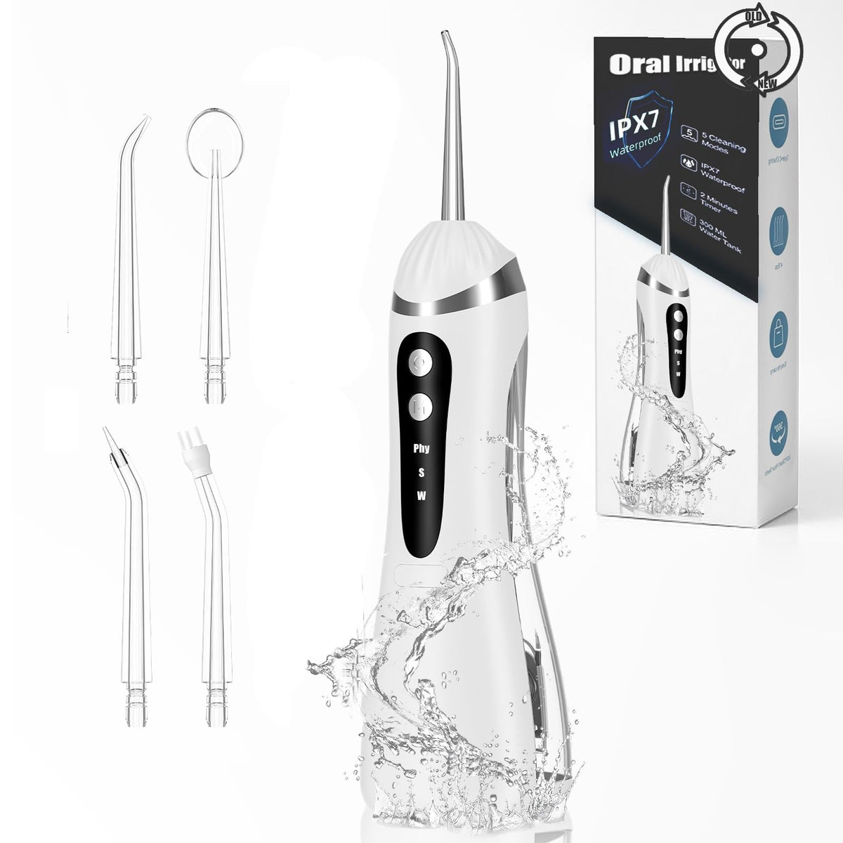 Cordless water flosser showing 300 ml reservoir