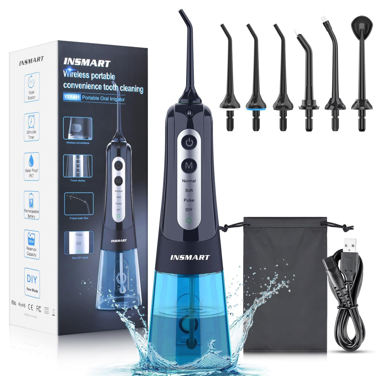 Front view of INSMART cordless water flosser in blue