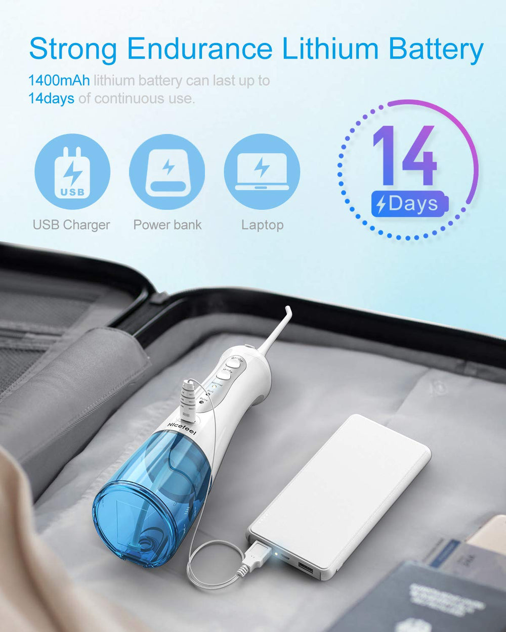 USB rechargeable oral irrigator for travel