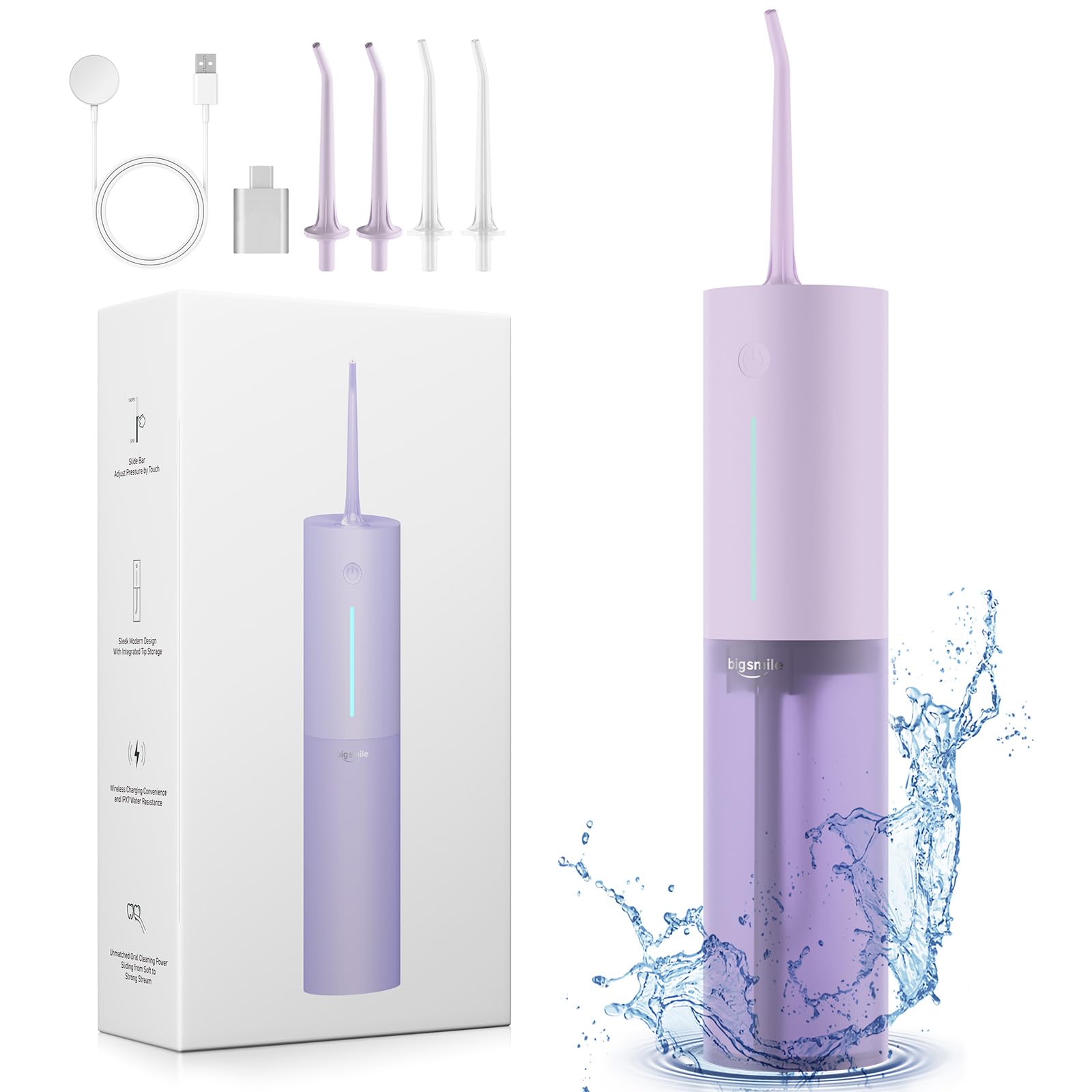 Purple cordless water flosser for travel in compact form