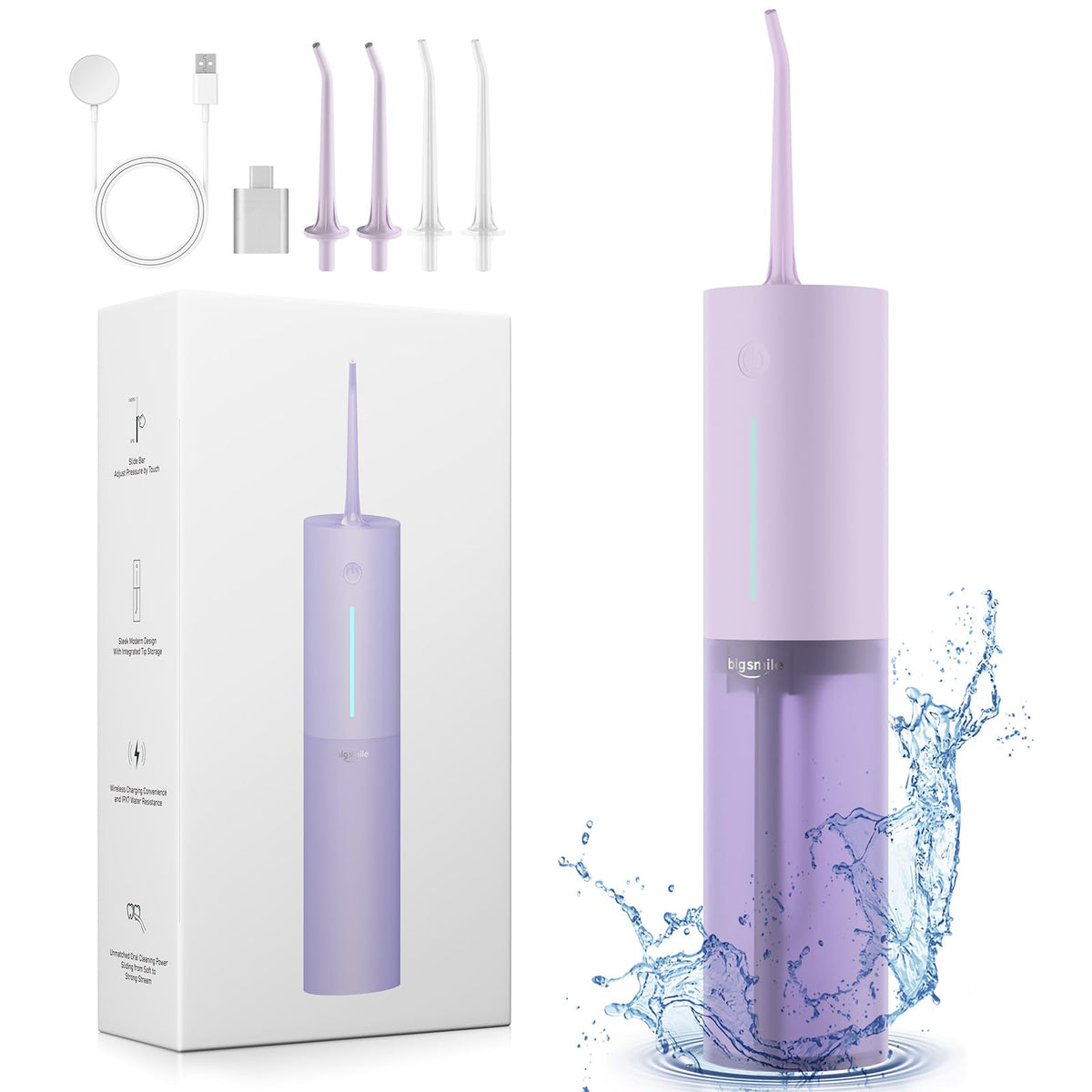 Purple cordless water flosser for travel in compact form