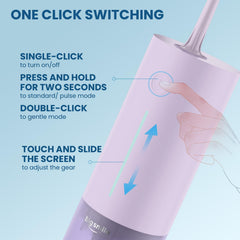 Flosser showing three modes and eight adjustable pressure levels