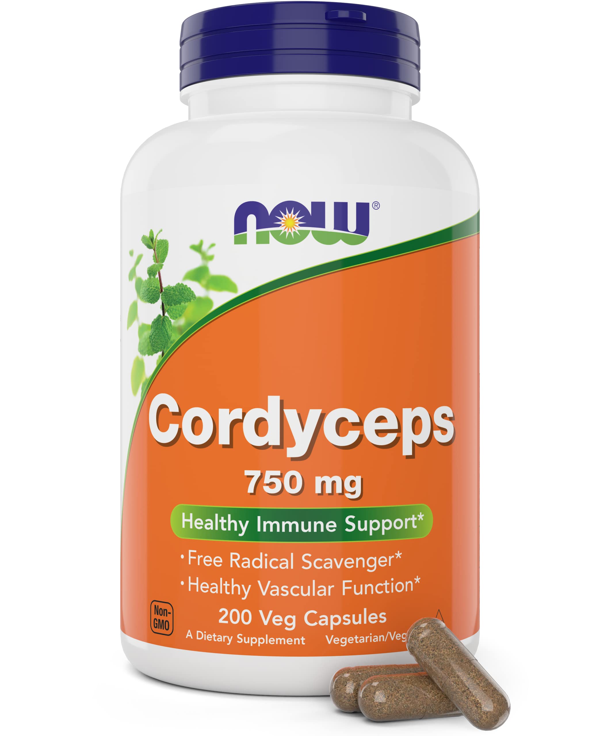 NOW Foods Cordyceps 750mg bottle with 200 veg capsules