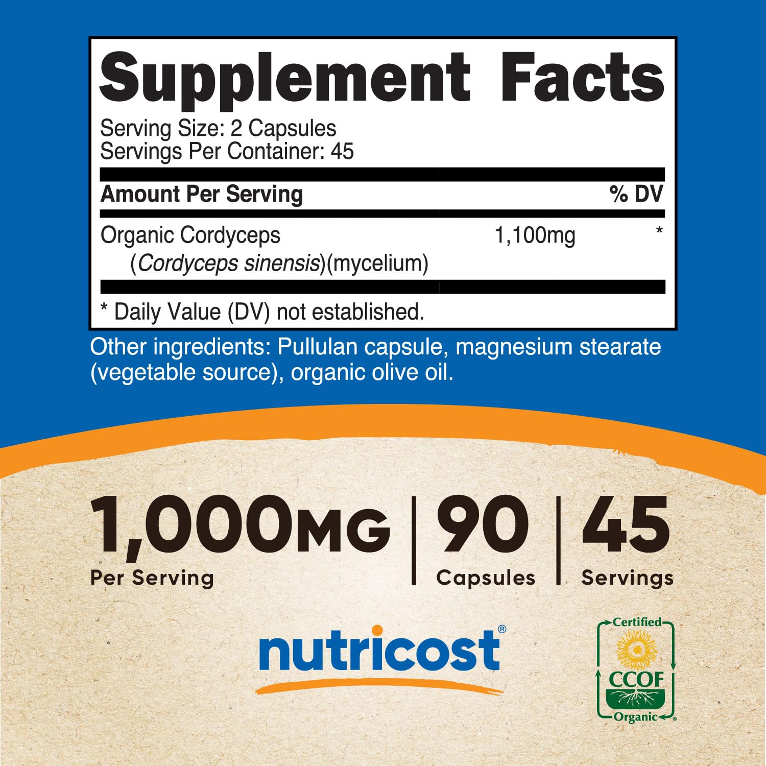 Cordyceps mushroom capsules showing 550mg per capsule