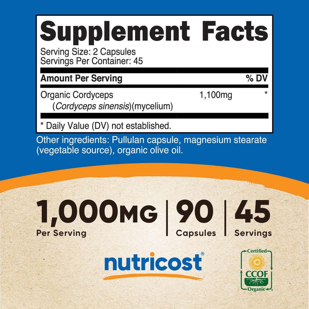 Cordyceps mushroom capsules showing 550mg per capsule