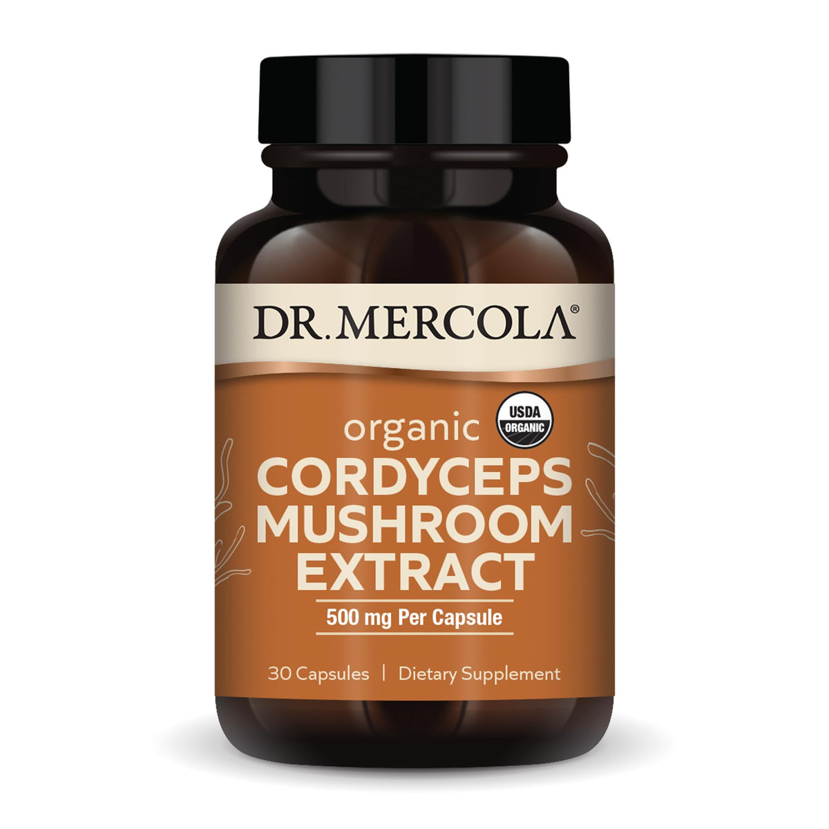 Dr. Mercola Organic Cordyceps Mushroom Extract bottle showing 30 servings and 500 mg per capsule