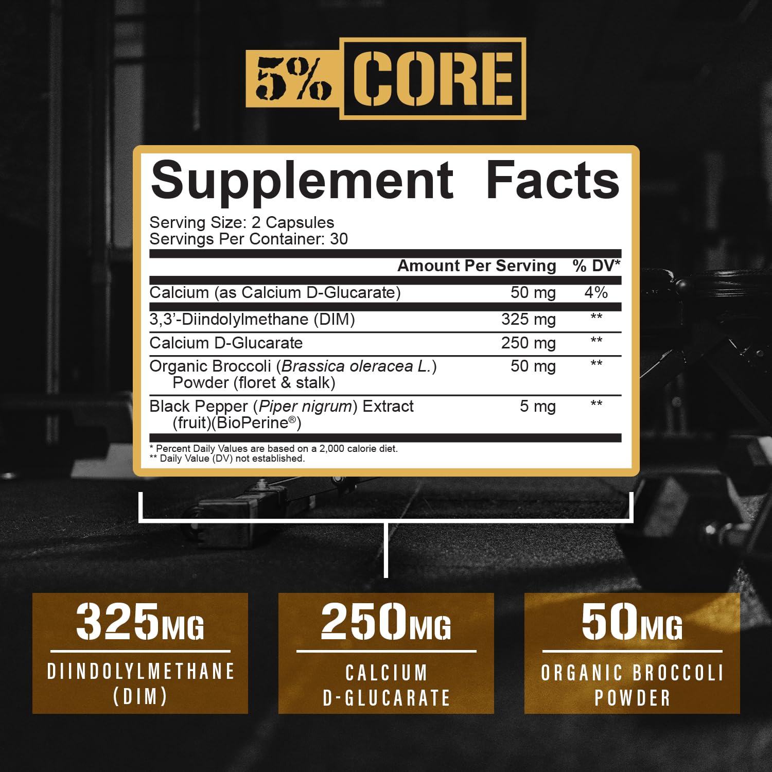 Close up of 325 mg DIM per serving and supplement facts