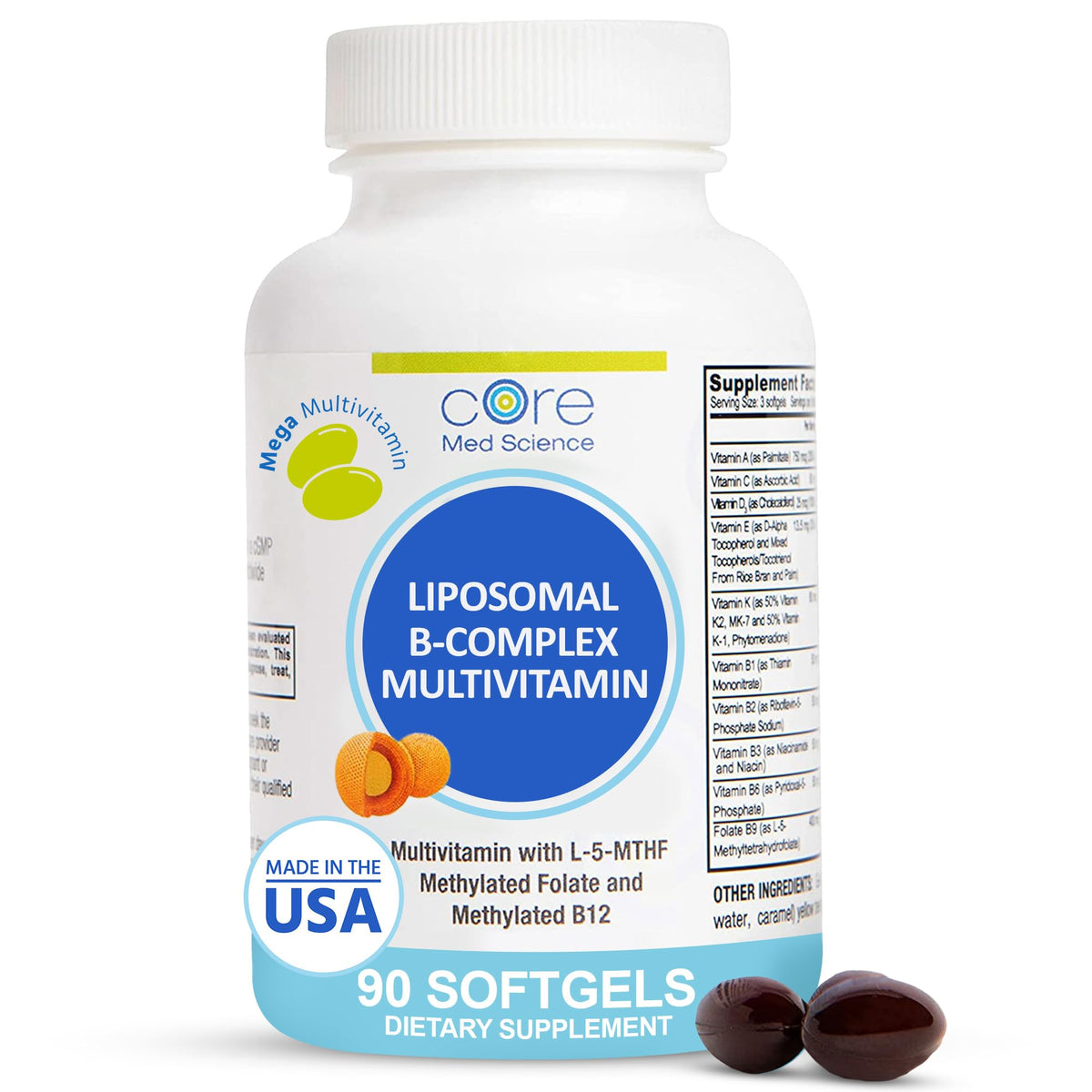 Core Med Science Liposomal Methylated B-Complex Multivitamin bottle featuring 90 softgels