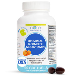 Core Med Science Liposomal Methylated B-Complex Multivitamin bottle featuring 90 softgels