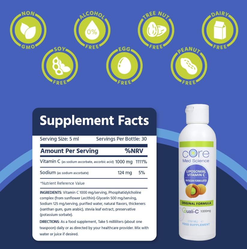 Close-up label of Core Med Science Liposomal Vitamin C 1000mg Liquid