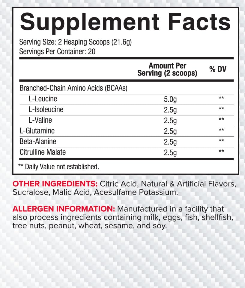 Packaging highlights glutamine, beta-alanine and citrulline malate