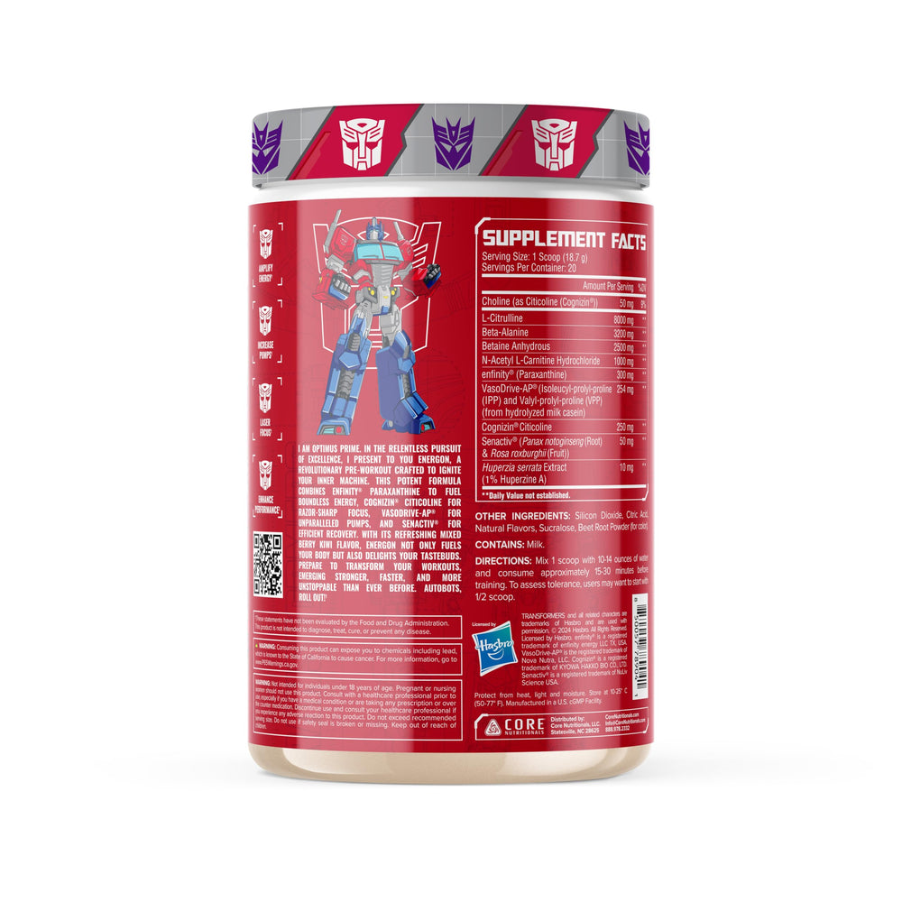 Core Nutritionals Energon pre-workout label closeup highlights ingredients and energy mix.