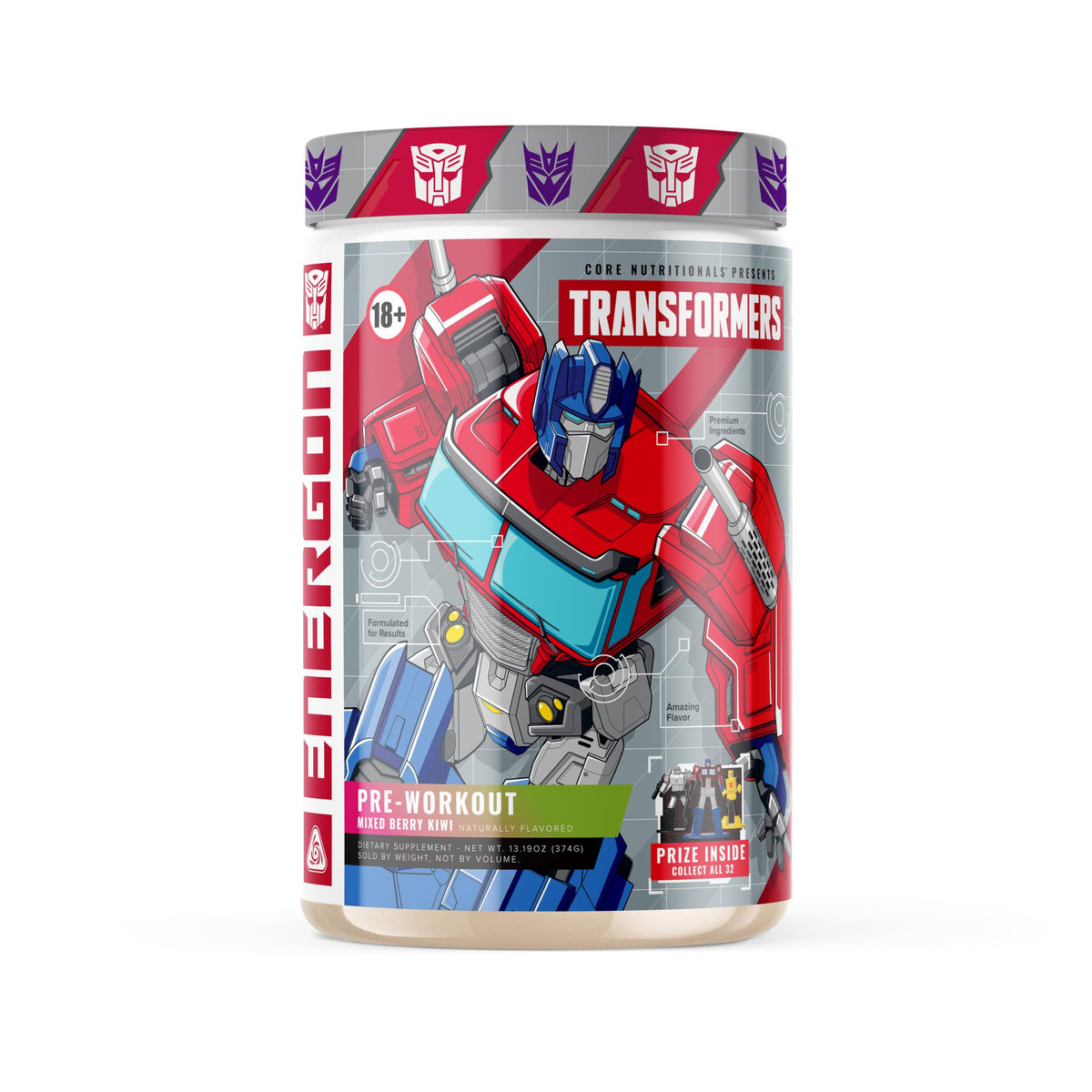Core Nutritionals Energon pre-workout tub with mixed berry kiwi supports sustained focus during workouts.