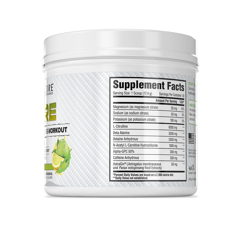 Core Nutritionals Essential Pre Workout lemon lime glass with scoop demonstrates easy mix for focused training.