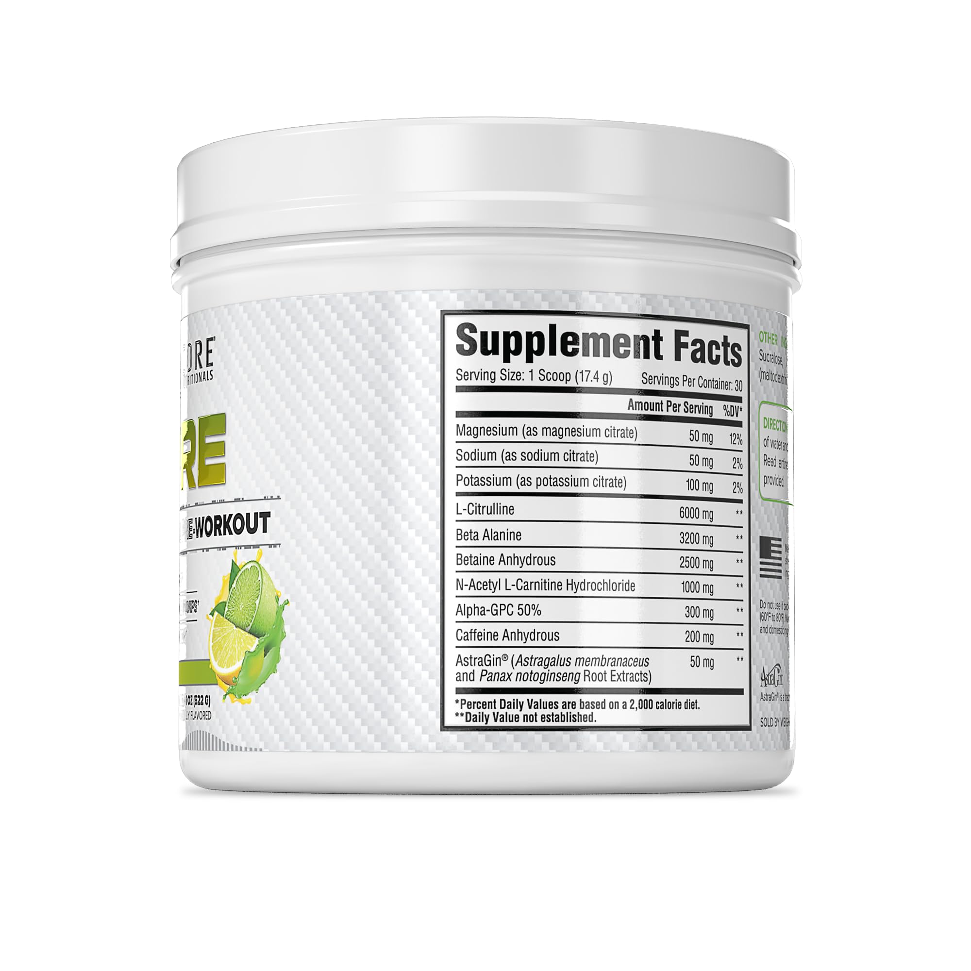 Core Nutritionals Essential Pre Workout lemon lime powder scoop showing measured serving for steady energy.