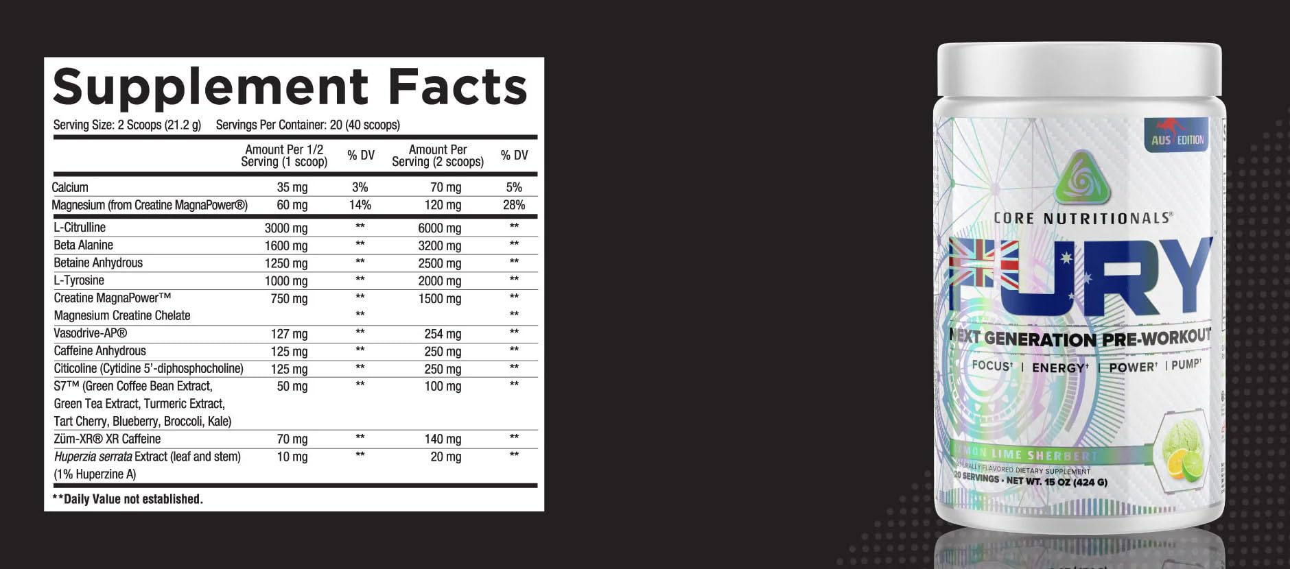 Core Nutritionals Fury Platinum green apple candy scoop promotes precise serving.