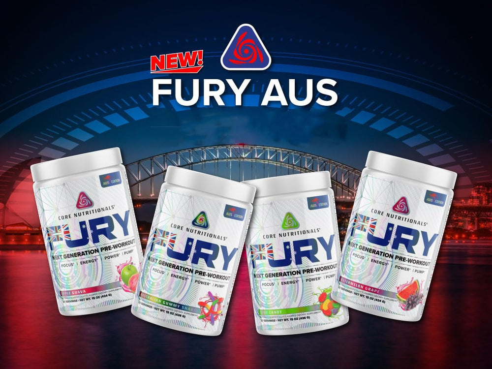 Core Nutritionals Fury Platinum mixed drink in glass shows sustained energy.
